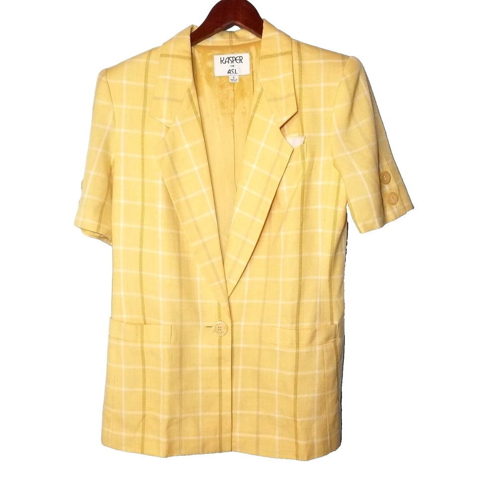 Kasper ASL Yellow Plaid 1 Button Front Shoulder Pads Short Sleeves Blazer Size 8